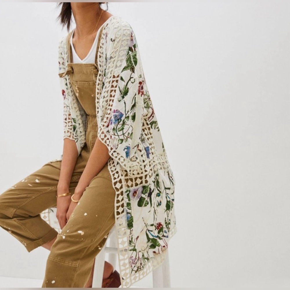 Anthropologie Floral Crochet Kimono - Cream and Multicolor One Size